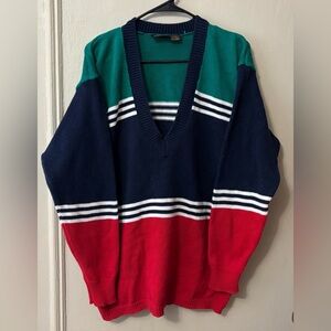 Vintage Liz sport cotton knitwear v-neck varsity striped sweater small oversized